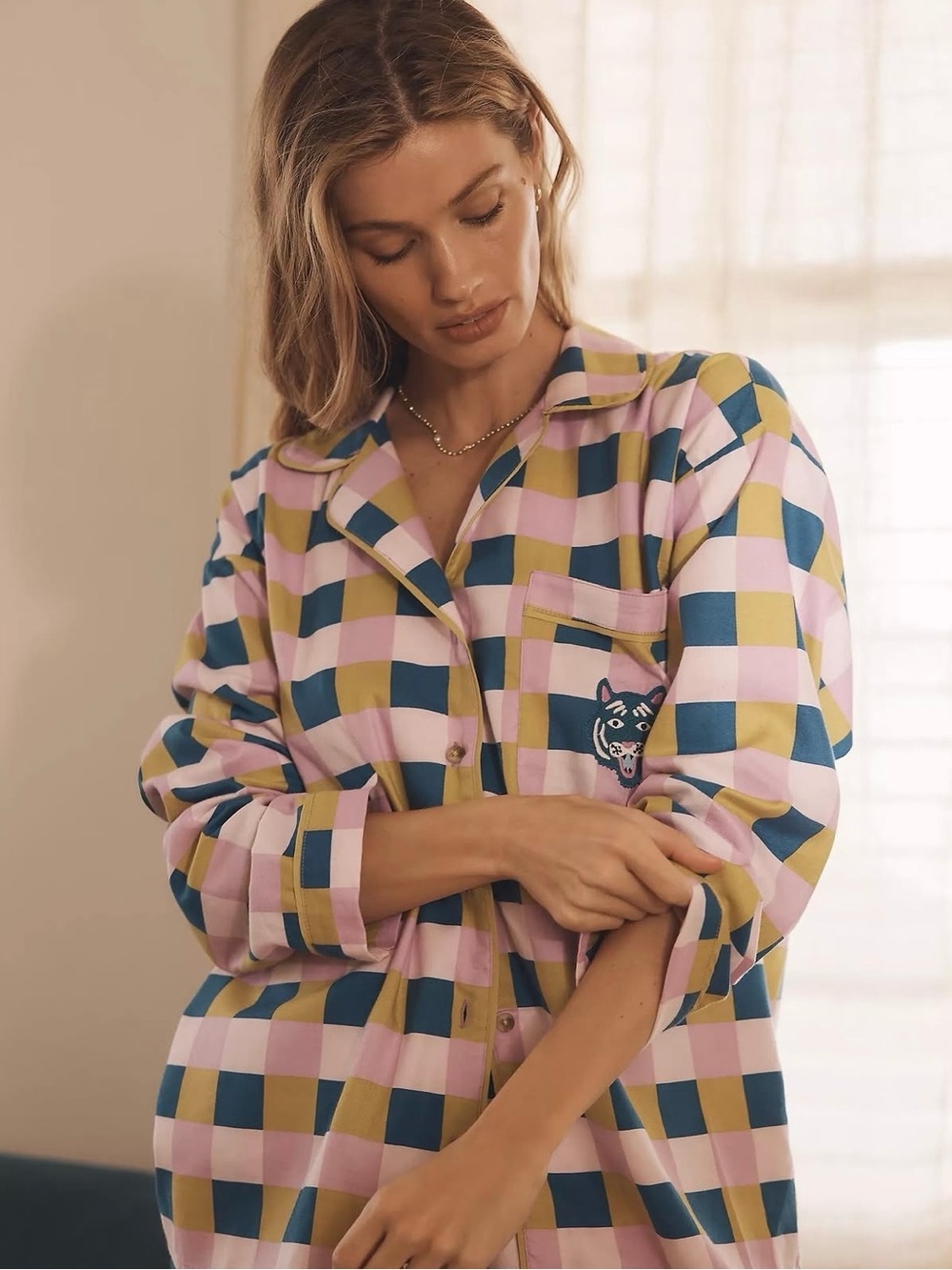 Anthropologie Pajama Set Medium Flannel Modal Blend Checkered Quirky Teal Purple